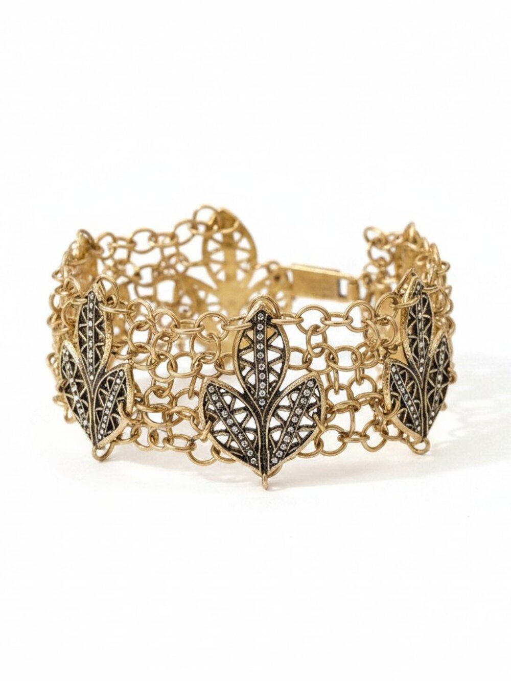Women's Leaf Statement Bracelet Brass Plated , Silver Plated Mesh Chain NWOT